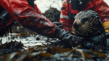 Environmental volunteers rescue a sea otter from an oil spill. Two people pull a baby sea otter out of the oil. An oil spill in the ocean