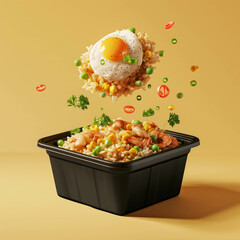 Discover the modern twist on traditional cuisine with a 3D fried rice icon presented in a stylish black plastic box, ideal for cute delivery presentations. AI generative