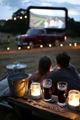 Couple enjoying an outdoor movie night with drinks and candles under the evening sky.