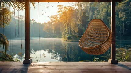 A hanging rattan chair on a porch overlooking a tranquil lake, surrounded by dense forest and the sound of birds chirping at sunrise. - Powered by Adobe