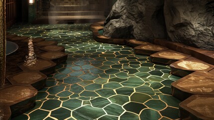 A honeycomb-patterned flooring in a blend of forest green and earth tones, creating a unique and inviting path in a luxury spa.
