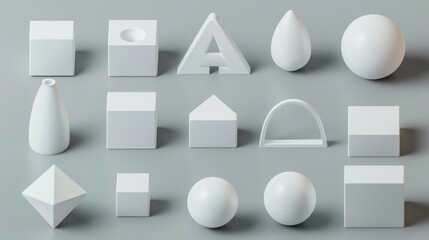 Set of smooth white geometric shapes, various angles, gray background