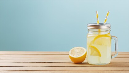 Fototapeta premium Natural lemonade in mason jar on wooden table