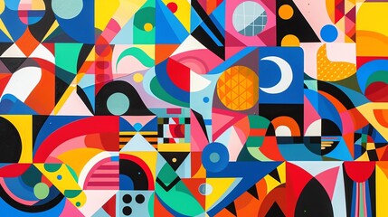 A vibrant and colorful geometric pattern, featuring an array of interlocking shapes and bold colors.