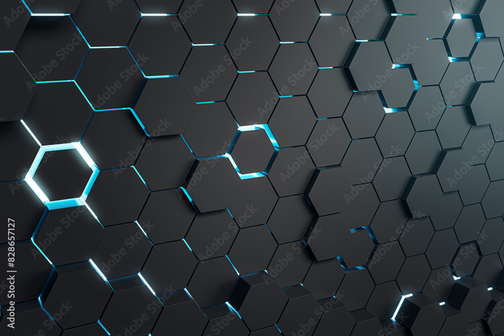 Poster Hexagonal pattern with neon blue accents on a dark background, conveying a high-tech concept. 3D Rendering