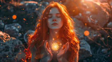 A girl holding a light in her hand with sparkling light around