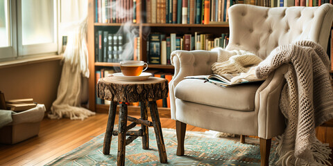 cozy reading nook bathed in soft, natural light. A plush, comfortable chair with a warm throw blanket draped over one arm is positioned next to a small, rustic side table. On the t