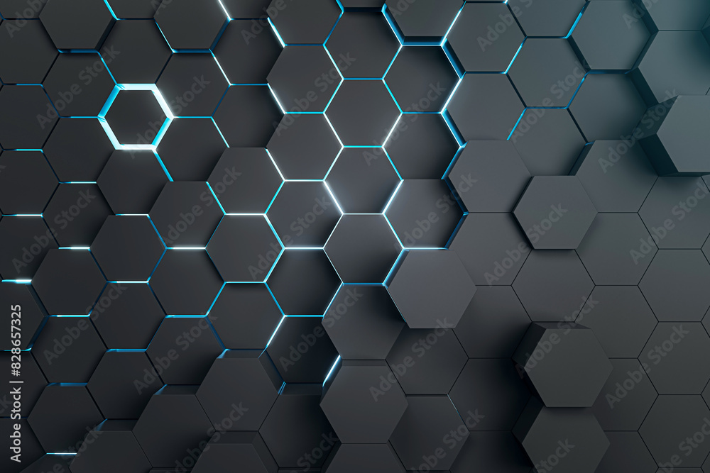 Poster a honeycomb pattern with neon blue lights on a dark background, modern tech concept. 3d rendering