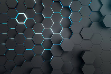 A honeycomb pattern with neon blue lights on a dark background, modern tech concept. 3D Rendering