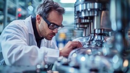 A man in a lab coat is looking at a machine