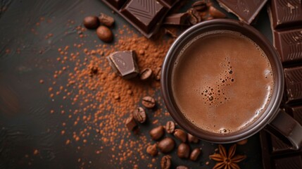 Cup of hot chocolate sprinkled with cocoa powder, chocolate pieces, roasted cocoa beans, star anise, sprinkled cocoa black texture slate background, free space for text