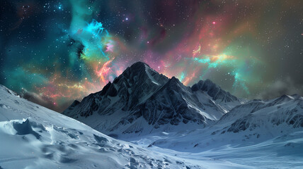 Snowy mountains with colorful aurora borealis at night