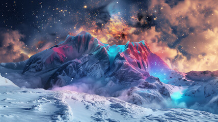 Snow-covered mountain at night with vibrant aurora above