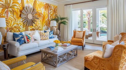 A lively living room featuring walls adorned with a spindle yellow tropical wallpaper mural, adding a burst of brightness and energy to the space.