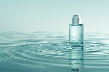 sleek bottle of skincare product is floating on calm, light blue water. The water's surface creates gentle ripples and reflections around the bottle, enhancing its elegance. The ba