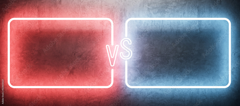 Poster A vs neon sign in red and blue on a grungy textured background, indicating a versus concept. 3D Rendering