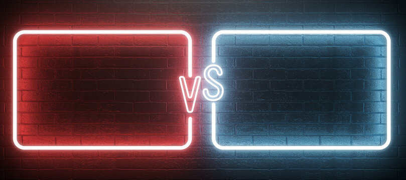 Two neon signs with vs symbol on a brick wall, illustrating a competition or challenge concept, with a modern neon light style on a dark backdrop. 3D Rendering
