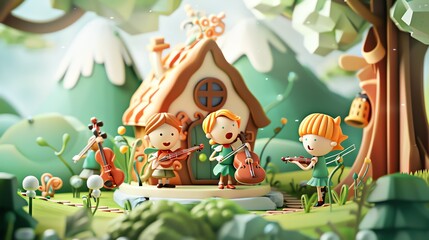A beautiful 3D rendering of a whimsical scene with a cottage in the woods. Three children are playing musical instruments in front of the cottage.