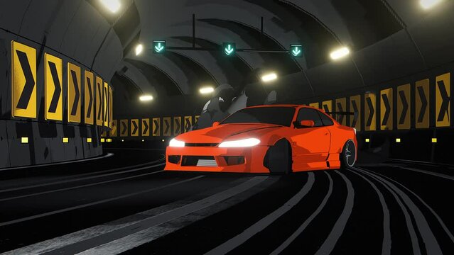 Car drifting through a city tunnel, Seamless loop animation