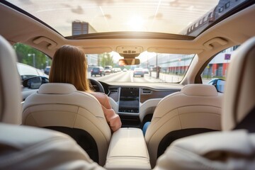 Fototapeta premium Woman enjoying a ride in a futuristic autonomous vehicle with vibrant interior lighting, showcasing advanced self driving technology and urban mobility