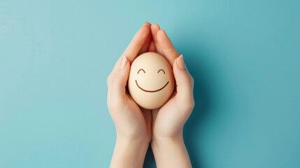 Cupped hands present an egg with a drawn smiley face, conveying positivity