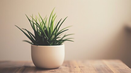 A beautiful shot of a green plant in a white pot sitting on a wooden table. The plant has long, thin leaves and is growing in a small pot.