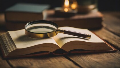 open book with magnifying glass on wooden desk