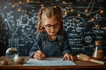 Fototapeta premium Young child writing on paper with a pencil