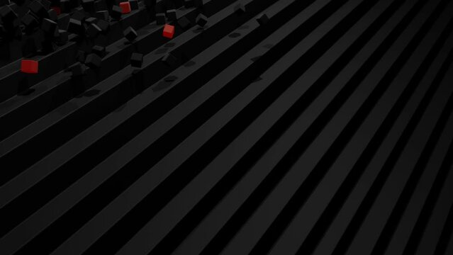 cubes fall down on steps bounce off stair and roll down light up and form pattern. Cubes like abstract bulbs or garland. Abstract background 4k 3d render Motion design nft style