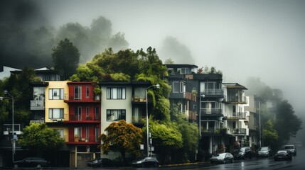 Fototapeta premium Vibrant Neighborhood Street on a Foggy Day