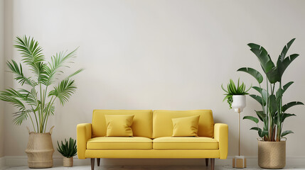 Interior of beige living room with yellow sofa and houseplants isolated on white background, studio...