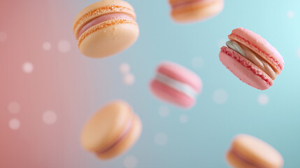 Obraz premium macarons against soft pastel colors background, macarons flying through the air against a soft pastel background