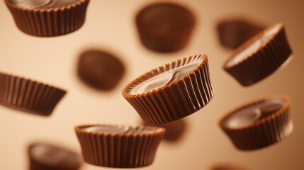 peanut butter cups against light brown background, peanut butter cups flying through the air...