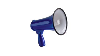 High-quality image of a blue megaphone  isolated on transparent background., perfect for marketing and communication concepts.
