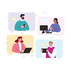 Business people banner. Characters working in the office, at home office. Talking colleagues, planning business schedule and work tasks, discussing business issues, developing ideas. Flat vector 