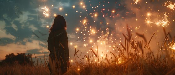 A woman stands in a field of grass with fireworks in the background - Powered by Adobe