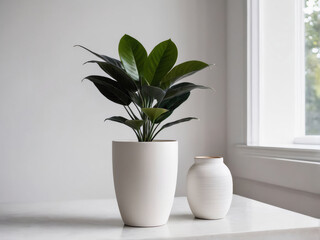 A serene tableau of modern Scandinavian design, featuring a potted plant and ceramic vase against a backdrop of pristine white.
