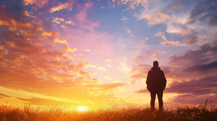 Person's silhouette against a stunning sunset sky, evoking contemplation and calmness