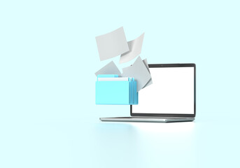 A folder with flying papers, files and a laptop. 3d rendering on the topic of computer, office, work, interface, technology, applications, business, data. Minimal, modern style. Blue background.
