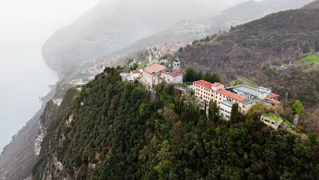 Eremo di Montecastello church on Lake Garda, Italy Lombardia. Aerial view