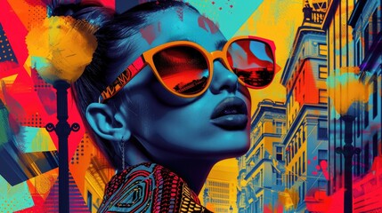 illustration of the fashion woman wearing stylish sunglasses with large frames and bright lipstick