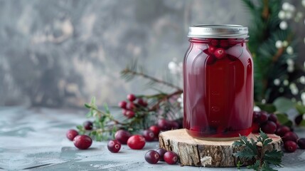 Mason jar with healthy cranberry juice on light background