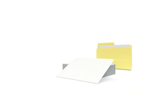 A yellow folder with papers and files. 3d rendering on the topic of computer, office, work, interface, technology, applications, business, data. Minimal, modern style. Transparent background.
