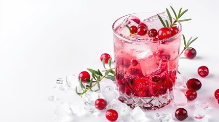 Red berry cocktail with cranberry and ice on white.