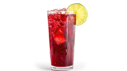 Tall glass of Cranberry juice on ice with lime Sea Breeze isolated on white background
