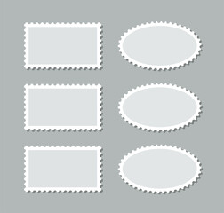 Rectangular and oval perforated labels. Collection blank borders for mail letter. Post stamps. Set of empty postal stamp. Postage frames. White paper postmarks. Vector illustration.