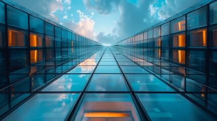 skyscraper from outside with outside glass elevator descending