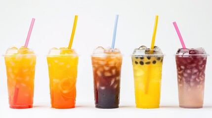 Bubble tea variety in plastic cups with straws on white background. Takeaway drinks concept.