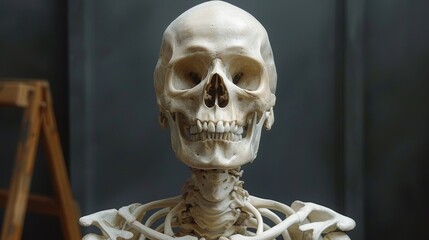 Skeleton sitting on a stool with a blurred square over the head area; studio setting