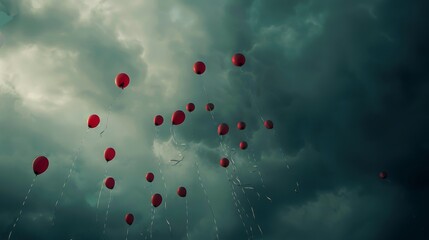 A bunch of red balloons are floating in the sky on a cloudy day - Powered by Adobe